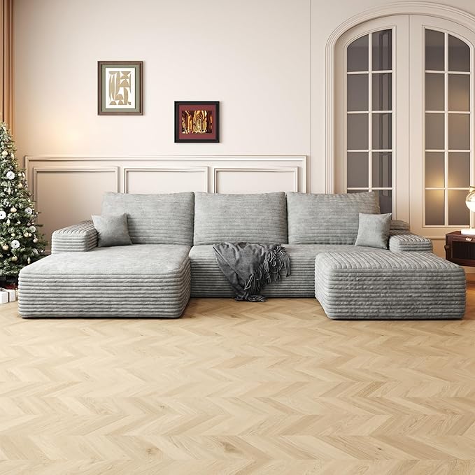 107.5" Compressed Boneless Couch with Ottoman, 2 Seater Large U Shaped Sectional Couches for Living Room, Grey Corduroy Cloud Modular Sectional Sofa, Memory Foam, No Assembly，Light Facing Chaise