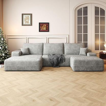 107.5" Compressed Boneless Couch with Ottoman, 2 Seater Large U Shaped Sectional Couches for Living Room, Grey Corduroy Cloud Modular Sectional Sofa, Memory Foam, No Assembly，Light Facing Chaise