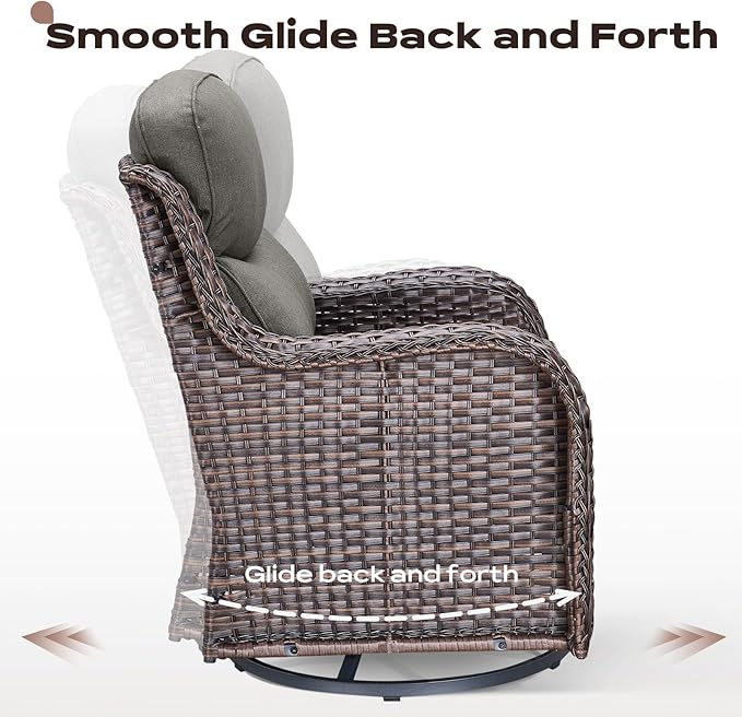 Rilyson 4 Piece Outdoor Patio Swivel Rocker Chairs, Waterproof Wicker, High Back, Deep Seating, Wide Armrest, Upgraded 6 inch Thick Cushions, Ideal for Deck Porch Backyard, Brown/Grey
