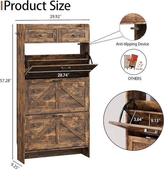 Shoe Cabinet with 3 Flip Drawers & 2 Top Drawers, 57" Tall Freestanding Narrow Wooden Shoe Storage Organizer for Entryway, Hidden Slim Shoe Rack for Front Door Entrance, Hallway, Living Room, Brown