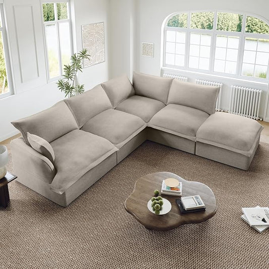 Oversized Cloud Modular Sectional Sofa, Comfy Down Filled Cloud Couch with Removable Cover, L Shaped 4 Seat Couch with Ottoman, Deep Seat Sectional Couches for Living Room, Light Gray