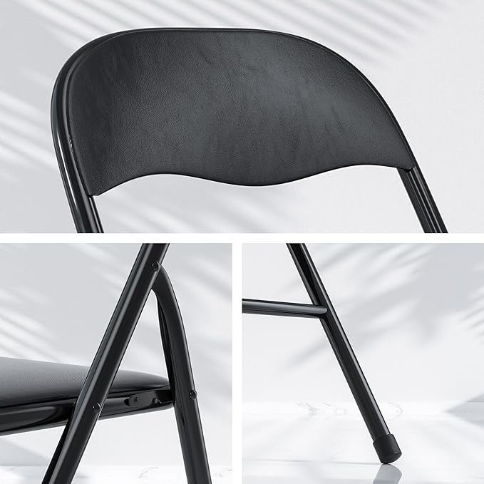 VECELO Folding Chairs 8 Pack Metal Portable with Soft PU Padded Seats for Home/Office/Party, Black