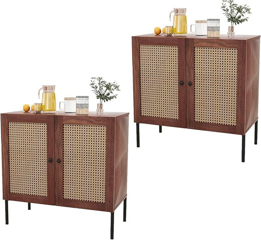 COSTWAY Buffet Cabinet with Storage, Storage Sideboard with Rattan Decorated Doors, Adjustable Shelf, Metal Legs, Accent Cabinet, Buffet Table Credenza for Hallway, Entryway, Living Room (2, Walnut)