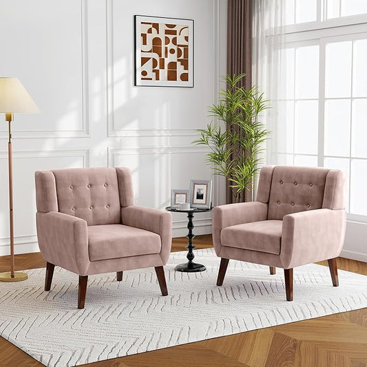 Lumibee Accent Chairs Set of 2, Velevet Fabric Armchairs for Living Room, Comfy Upholstered Arm Chairs Tufted for Indoor Bedroom Office Room (Pink Velvet)
