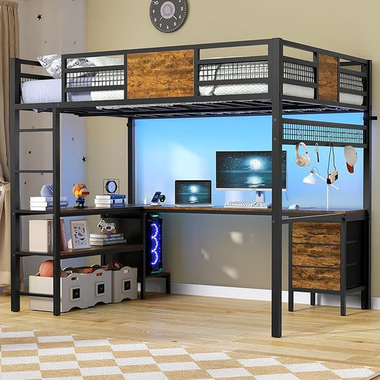 ADORNEVE Loft Bed Full Size with L-Shaped Desk, 3 Storage Drawers, Power Outlet, 3 Storage Shelves, Metal Loft Bed Frame with RGB Lights, Bed with Safety Guardrail & Ladders,Space-Saving,Rustic Brown