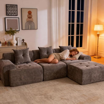 101.65” Modular Sectional Couch for Living Room, Modren L-Shape Cloud Sectional 3-Seater Sofa with Movable Ottoman, Woven Texture Upholstery Boneless Couch, No Assembly Grey