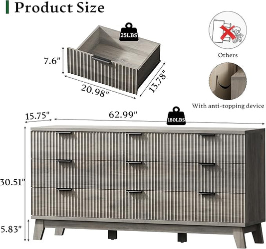 Fluted Dresser with 9 Drawers, 63" Wide Wood Chest of Drawers with Metal Handle, Wooden Dresser TV Stand, Modern Closet Clothes Storage Organizer for Bedroom, Living Room, Hallway, Light Grey