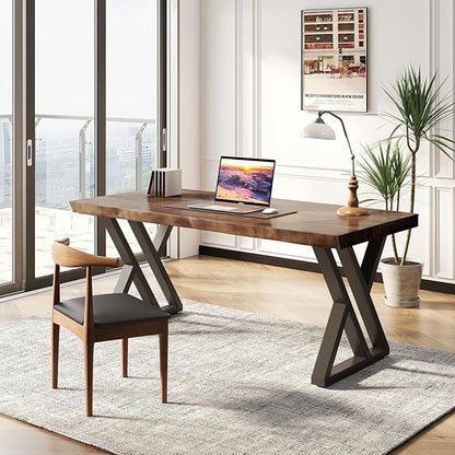 Solid Wood Desk 55 inches, Home Office Computer Desk Wooden Rustic Writing Desk Metal Modern Simple Design Executive Real Wood Desk(Rustic Brown)