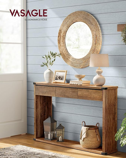 VASAGLE Sofa Console Table, 47.2 Inches Narrow Entryway Table with 3 Drawers, Bottom Shelf, Metal Corners, for Living Room, Bedroom, Farmhouse Style, Honey Brown ULNT143KB01S