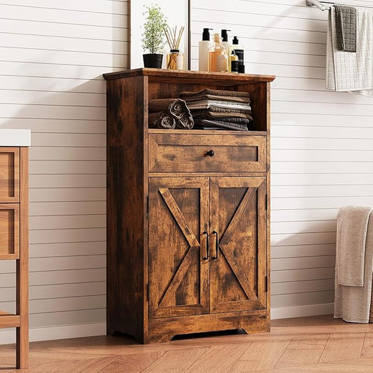 Floor Cabinet, Farmhouse Storage Cabinet with Barn Doors and Drawer, 11.81" D x 23.62" W x 39.37" H Rustic Brown Freestanding Adjustable Shelf Organizer for Bathroom, Kitchen, Living Room