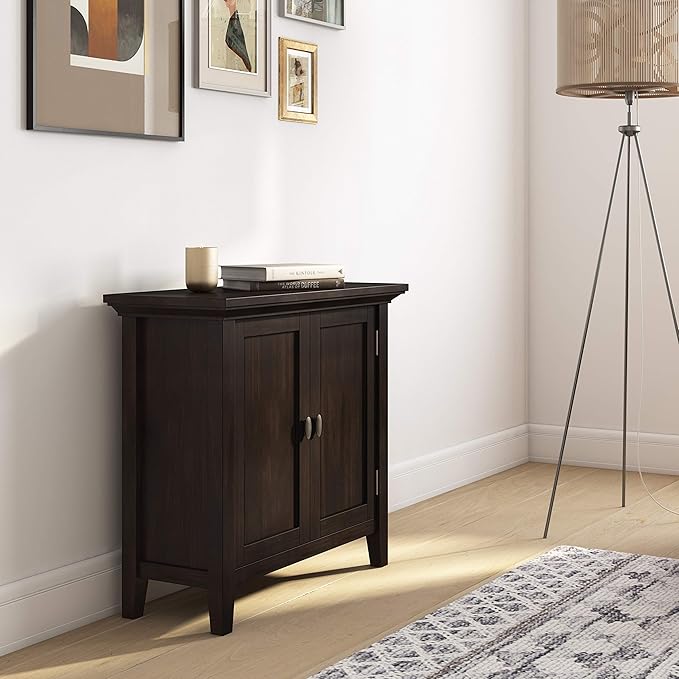 SIMPLIHOME Redmond SOLID WOOD 32 inch Wide Transitional Low Storage Cabinet in Brunette Brown for the Living Room, Entryway and Family Room