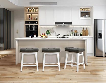 Counter Height Bar Stools Set of 4 for Kitchen Counter Farmhouse Modern Barstools with Faux Leather Upholstered Backless Seat and Solid Wood Legs 24 inch Bar Chairs, Grey + White