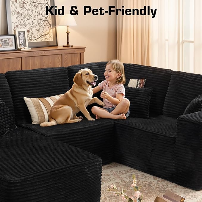 Weaxty Boneless Sectional Couch, U Shaped Modular Cloud Couches with Chaise, Plush Corduroy Memory Foam Deep Seat Floor Sofa, No Assembly Required，Black