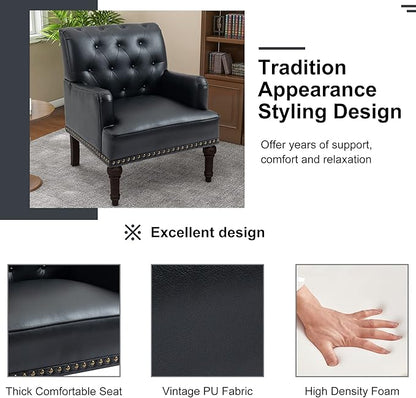 Pia Ricco PU Leather Accent Chair: Modern Nailhead Trim Armchair with Wooden Legs - Upholstered Reading Seat for Office, Living Room, Bedroom-Black