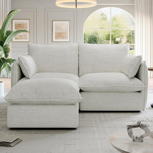 Cloud Modular Sectional Sofa, Waterproof Down Filled Sectional Sofa, High Backrest Loveseat Couch with Ottoman, Modern Modular Couch with Removable Cover, Cream White