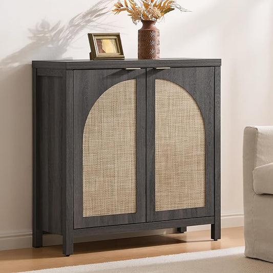 SICOTAS Rattan Sideboard Buffet Cabinet with Storage, Modern Credenza Storage Cabinet with Arch Doors & Adjustable Shelves, Coffee Bar Media Console Cabinets for Kitchen, Living Room, Black Oak