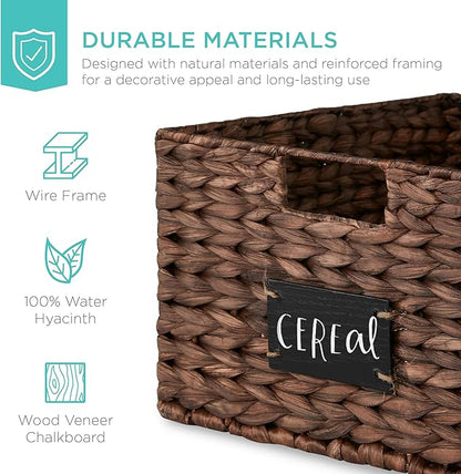 Best Choice Products Pantry Baskets Set of 2 16x12in Water Hyacinth Storage Baskets, Woven Wicker Kitchen Organizers with handles w/Chalkboard Label Chalk Marker - Brown