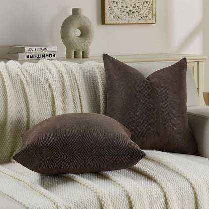 FUTEI Dark Coffee Chenille Throw Pillow Covers 20x20 Inch Set of 2,Soft Wide Chevron Textured Cushion Case,Farmhouse Home Decor for Couch Bed Living Room
