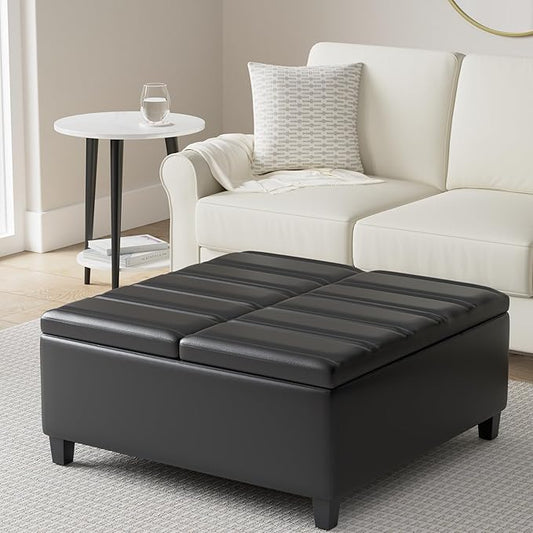 SIMPLIHOME Ellis 36 inch Wide Contemporary Square Coffee Table Storage Ottoman in Midnight Black Vegan Faux Leather, Assembled, For the Living Room and Bedroom