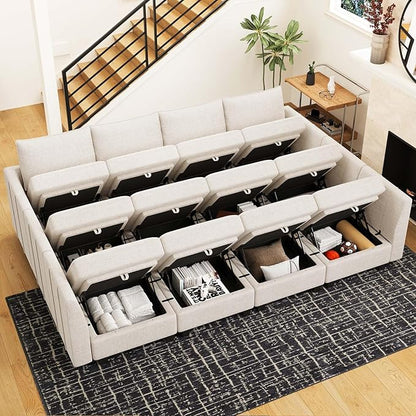Belffin Oversized Modular Sectional Sofa Sleeper Sectional Couch with Storage Chenille Sofa Bed for Living Room, 12 Seats, Beige
