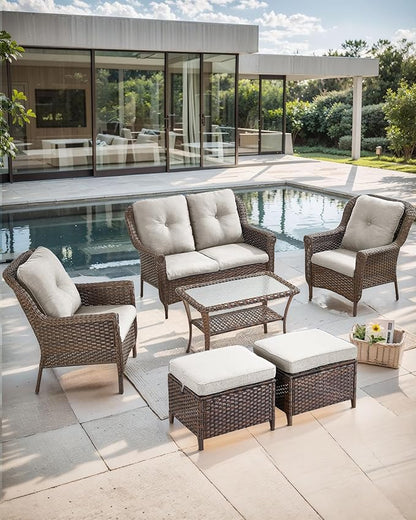Patio Loveseat Outdoor Wicker Sofa - Heavy Duty All-Weather Brown Rattan 2-Person Sofas with High Back and Comfortable Thick Cushions for Garden Back Porch Poolside Apartment - Beige