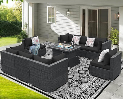 NICESOUL 9 Piece Modern Oversized Outdoor Patio Furniture Set with Firepit Table Propane/Natural Gas, 29.3'' High Back Deep Wide Conversation, Luxury 8 Seats Modular Sectional for Backyard, Gray
