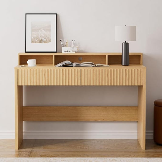 47" Executive Desk with Fluted Drawer, Modern Home Office Desk with Long Monitor Stand and 2 Drawers, Computer Writing Desk for Study Office Vanity, Nautral Oak