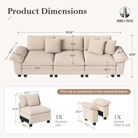 HERA'S HOUSE 124" Modular Sectional Sofa, Oversized Couches for Living Room, Comfy Cloud Couch 3-Seater Deep Seat Sofa with Throw Pillow, Corduroy Beige
