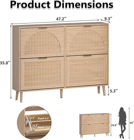 Shoe Cabinet for Entryway with 4 Flip Drawers, Slim Wooden Shoe Storage Organizer with Modern Fluted Pannel，Freestanding Narrow Hidden Shoe Rack for Hallway, Foyer, Living Room