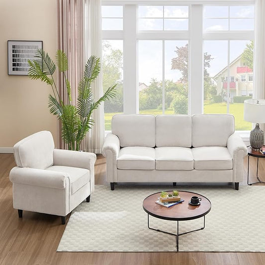 Kingfun 3 Seater Couch, Mid Century Modern Sofa Set with Rolled Arms and Deep Seats, Fluffy Comfort for Living Room, Apartment, Easy Assembly, Beige