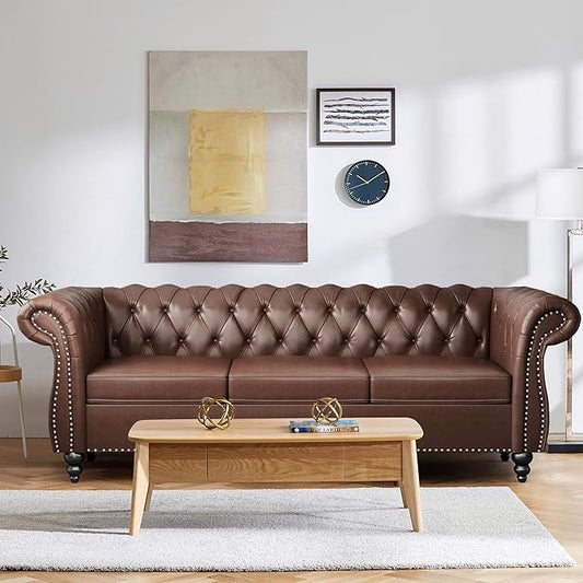 Home Sofa Living Room Furniture, 3 Seater Leather Upholstered Sofa Couch, Modern Comfy Couch with Faux Leather Cushions, Mid Century Tufted Chesterfield Sofas for Bedroom, Office, Apartment (Brown)