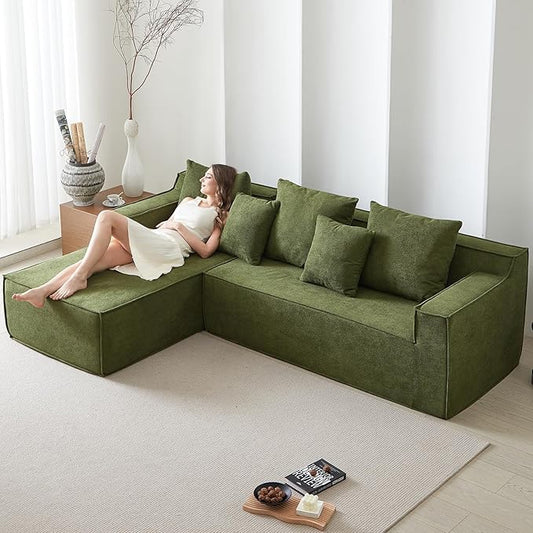 Modular Sectional Sofa, Boneless Cloud Sectional Couch with L-Shaped Lounge Chair, Soft Compressed Couch Memory Foam Sofa for Living Room, No Assembly Required (Green, Velvet)