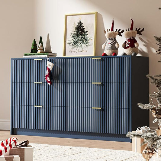6 Drawer Dresser for Bedroom, 55" Wide Modern Chest of Drawers with Gold Metal Handles, Fluted Wood TV Stand for Living Room, Hallway(Navy Blue)