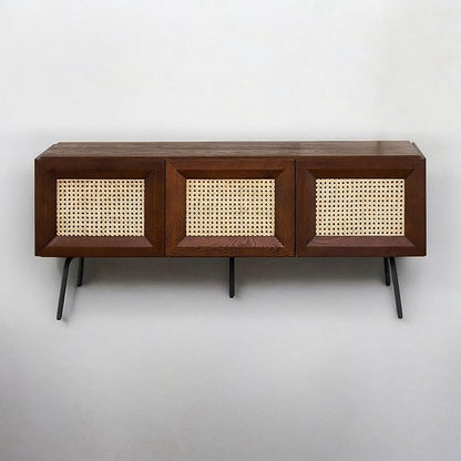 NTC Mossic TV Media Cabinet with 3 Doors for TVs, Entertainment Center with Natural Rattan, Metal Legs, Modern Storage Console for Living Room and Bedroom, Effortless Assembly, Dark Walnut