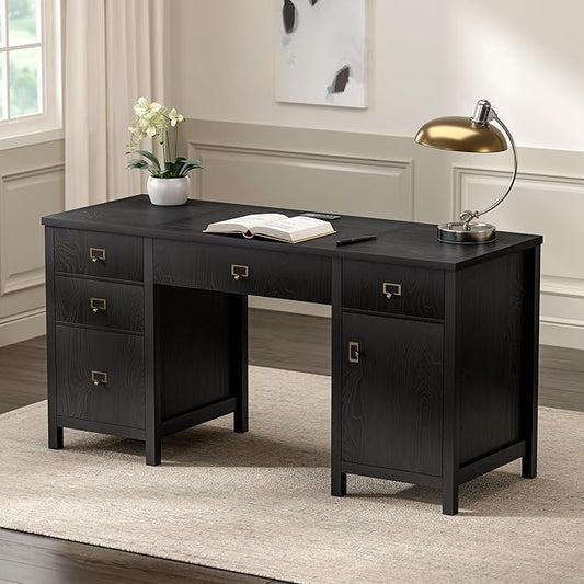 59" Executive Desk with File Drawers Cabinet, Modern Computer Desk with Charging Station, Keyboard Tray, Large Home Office Desk, Farmhouse Wood Desk for Study, Writing, Black
