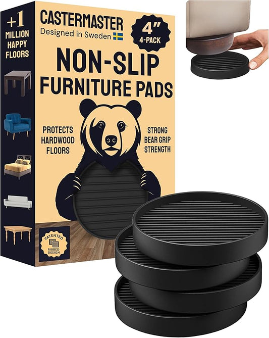 CasterMaster Non Slip Furniture Pads for Hardwood Floors - 4x4 Black Round Caster Cups - Rubber Feet for Furniture - Anti Slip Couch & Furniture Grip - Bed Frame Feet Protectors (Set of 4)