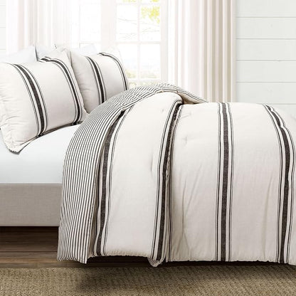 Lush Decor Farmhouse Stripe Reversible Cotton Comforter Set, 3 Piece Set, California King, Black - Cozy Farmhouse Bedding Set - Rustic Decor - Striped Comforter - Modern Farmhouse Bedroom Decor