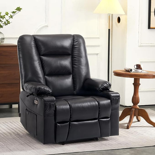 MCombo Oversized Power Lift Recliner Chair with Massage and Heat for Big and Tall Elderly People, Cup Holders, USB Ports, Side Pockets, Faux Leather R7541 (Black, Large-Oversize)