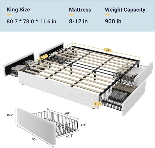 Allewie King Size Bed Frame with 4 Oversized Storage Drawers, Soft Teddy Fabric, Boucle Upholstered Platform Bed, Wooden Slats Support, Noise-Free, No Box Spring Needed, Easy Assembly, White