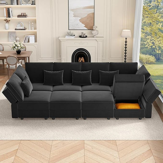 Vesgantti Sectional Sleeper Sofas with Storage, 118" Sofa Bed with 8 Seats Storage Chaises Removeble Cover, Deep Seat Modular Couches Velvet Couch Set for Living Room, Apartment, Home Theatre, Black