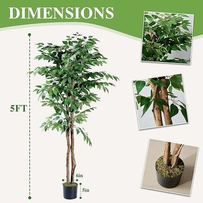 VECELO Artificial Ficus Tree with Sturdy Nursery Pot, 5FT Faux Silk Plant for Indoor Outdoor Home Garden Decor, 1 Pack
