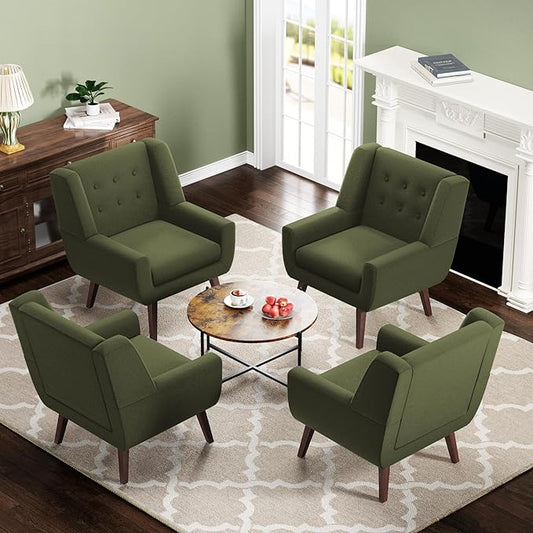 HUIMO Accent Chair, Upholstered Button Tufted Armchair, Linen Fabric Sofa Chairs for Bedroom, Living Room, Mid-Century Modern Comfy Reading Chair (4, Green)