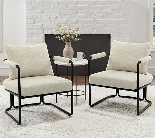 Accent Chairs Set of 2 for Living Room, Mid Century Modern Upholstered Reading Armchairs for Bedroom, Office, with Comfy Chenille Cushion & Metal Frame, Beige Cream
