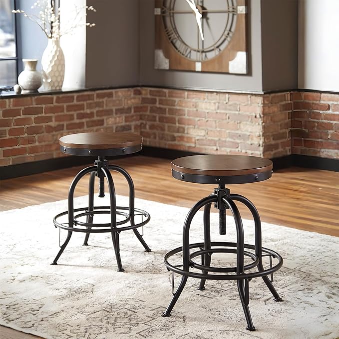 Signature Design by Ashley Valebeck Industrial Adjustable Height Swivel Barstool, 2 Count, Brown
