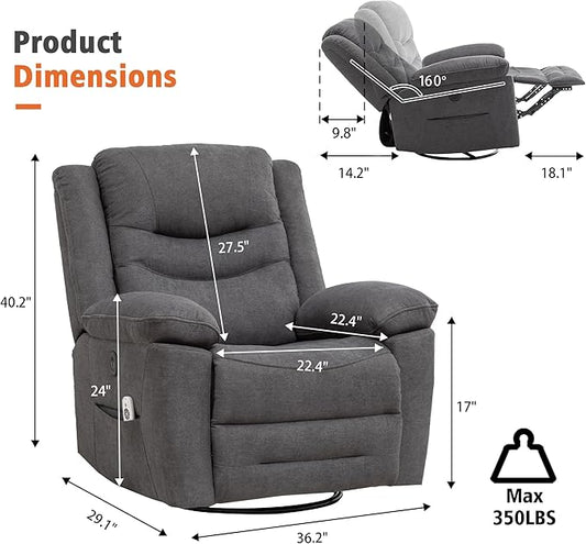 Power Swivel Rocker Recliner with Massage and Heat, USB Port, Infinite Position, Oversized Electric Glider Rocking Chairs Living Room, Soft Fabric Reclining Sofa Chair (Dark Grey Fabric)