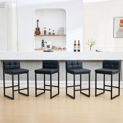 Bar Stools Set of 4, PU Leather Counter Height Barstools with Low Back and Thickened Metal Legs, 26 Inch Modern Island Chairs for Kitchen Island, Bar, Counter (Black, 4Pcs 26" Bar Stools)