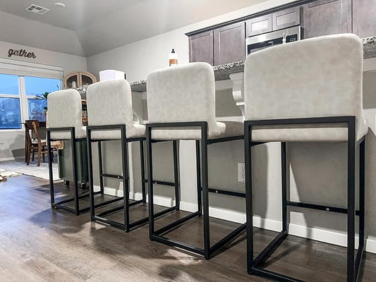 Alpha Home 24 Inch Bar Stools Set of 4, Kitchen Counter Stools with Backs, PU Leather Barstools, Kitchen Stools with Back&Upholstered Footrest, Sturdy Chromed Metal Steel Frame, Light Gray