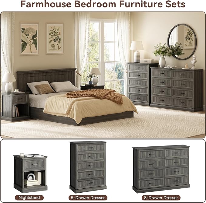 CARPETNAL Farmhouse Dresser and Nightstand Sets for Bedroom, 4 Pcs Bedroom Set, 5 Drawer & 8 Drawer Dresser and Nightstand Set of 2, Wood Chest of Drawers for Living Room, Entryway, Grey