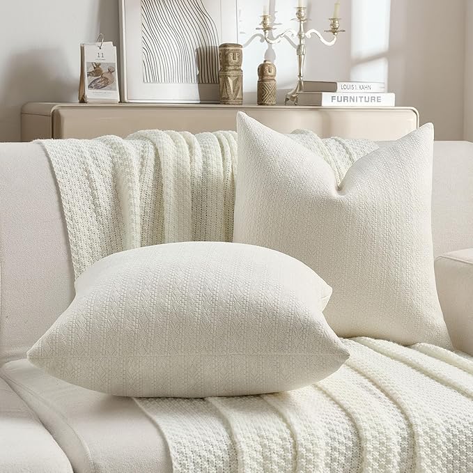 FUTEI Cream Chenille Throw Pillow Covers 12x20 Inch Set of 2,Soft Striped & Diamond Textured Lumbar Pillow Cases,Modern Home Decor for Couch Living Room