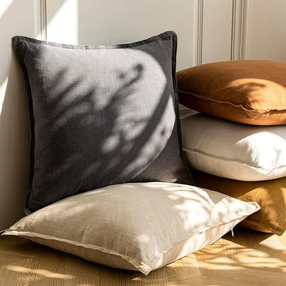 Foindtower Pack of 2, Decorative Linen Soild Throw Pillow Covers Soft Accent Cushion Case Boho Farmhouse Neutral Pillowcase for Couch Sofa Bedroom Living Room Home Decor 16 x 16 Inch Natural Beige